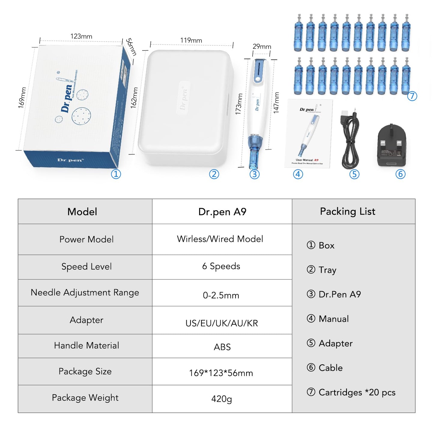 Dr.Pen A9 Microneedling Pen Kit Wireless Micro Needling Derma Pen for Face and Body 6 Speed Adajustable with 12 pin 24 pin 36 pin Nano Round Cartridges for Women and Men