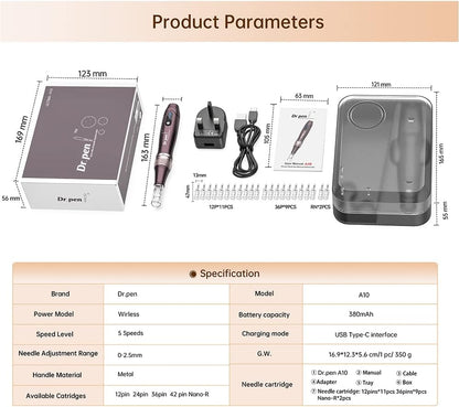 Dr.Pen A10 Professional Wireless Microneedling Pen with 20 Pcs Replacement Cartridges for Skin Care